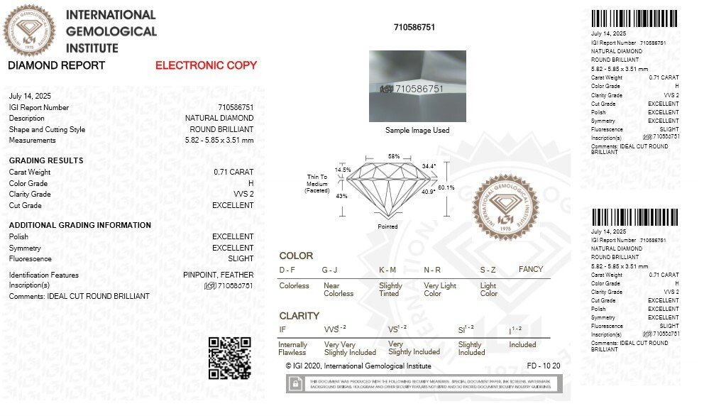 1 pcs Diamond (Natural) - 0.71 ct - Round - H - VVS2 - International Gemological Institute (IGI) - IDEAL CUT ROUND BRILLIANT #2.1