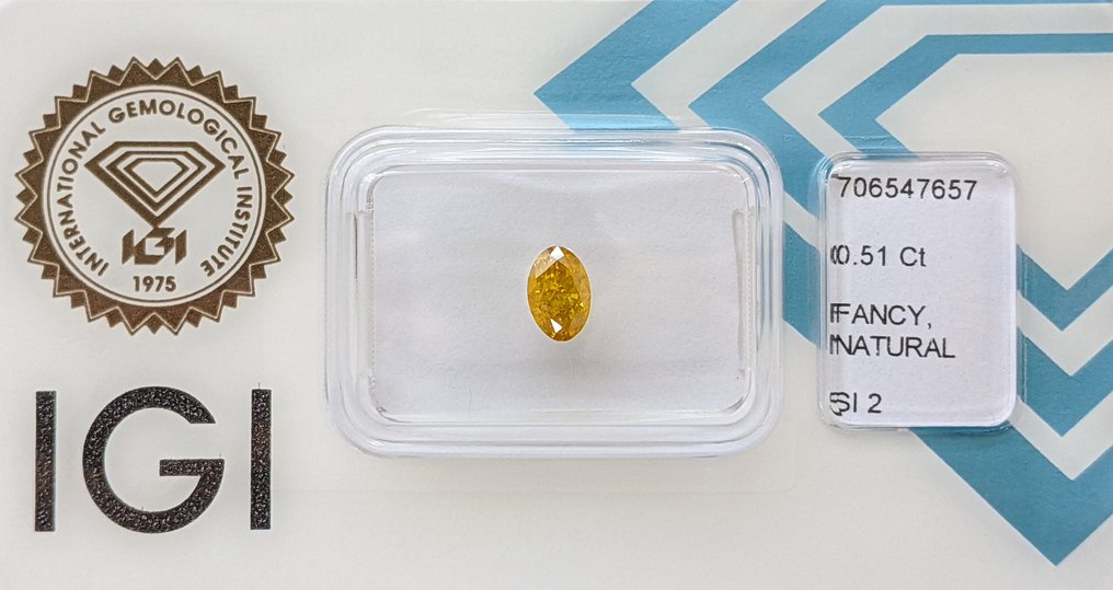 1 pcs Diamant  (Colorat natural)  - 0.51 ct - Oval - Fancy vivid Galben Portocaliu - SI2 - IGI (Institutul gemologic internațional) #1.0