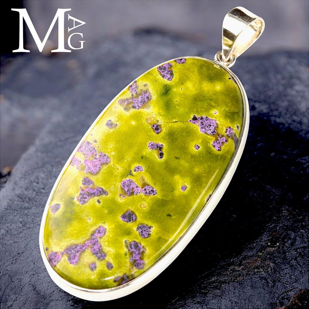 银吊坠 亚特兰蒂斯石 多样化珠宝 澳大利亚亚特兰蒂斯石——蛇纹石中的圣捷石 - 高度: 74.5 mm - 宽度: 33 mm- 27 g #2.1