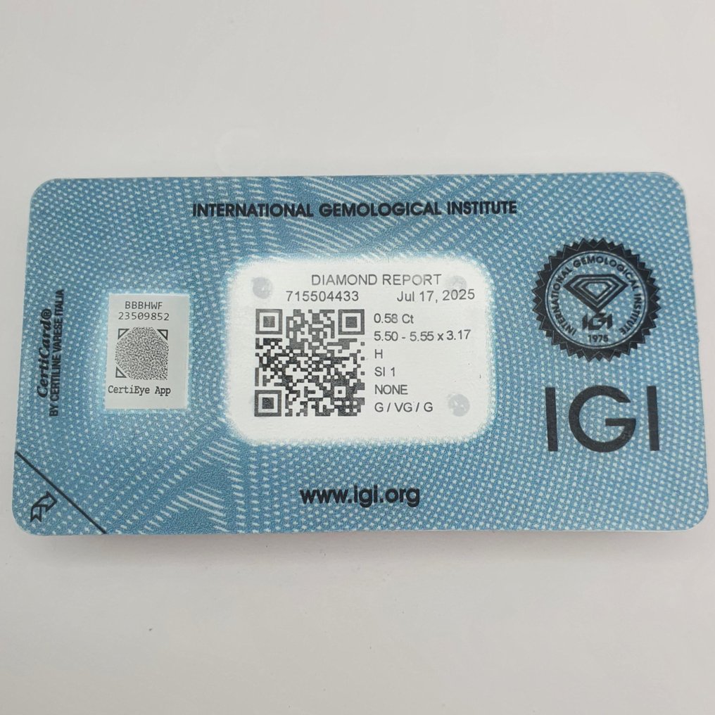 1 pcs Diamant (Natural) - 0.58 ct - Rotund - H - SI1 - IGI (Institutul gemologic internațional) #2.1