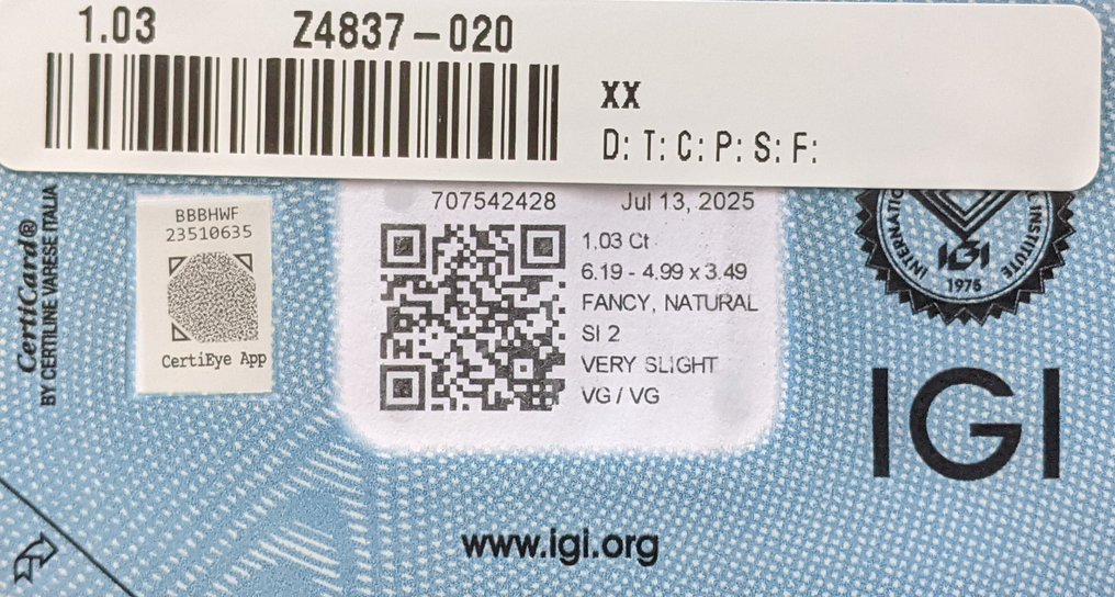 1 pcs 钻石  (天然色彩的)  - 1.03 ct - 矩形 - Fancy 黄色 - SI2 微内含二级 - 国际宝石研究院（IGI） #3.2