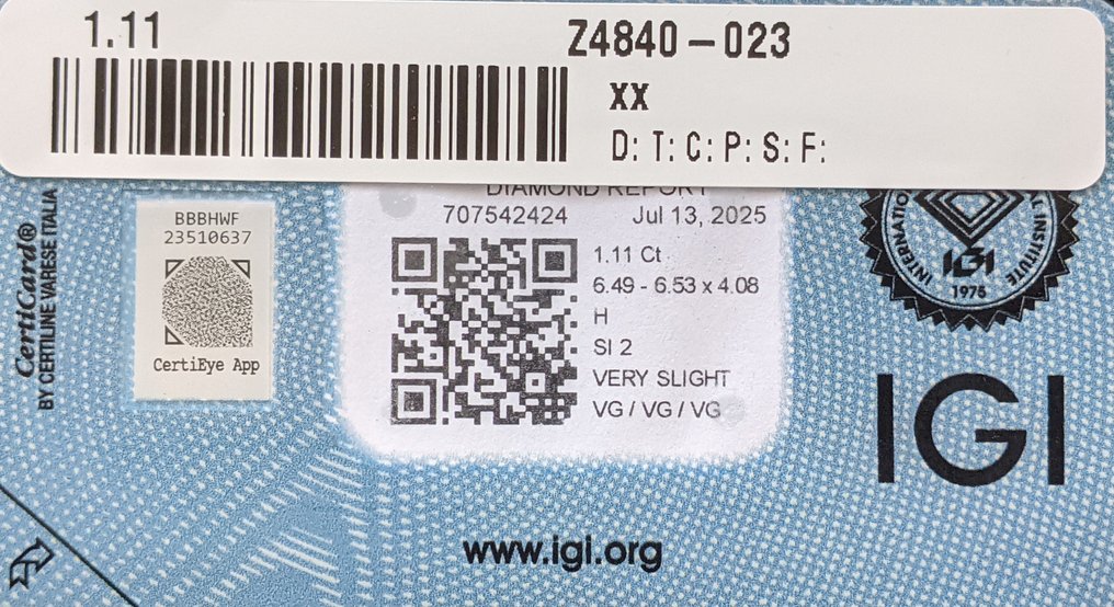 1 pcs 钻石  (天然)  - 1.11 ct - 圆形 - H - SI2 微内含二级 - 国际宝石研究院（IGI） #3.2