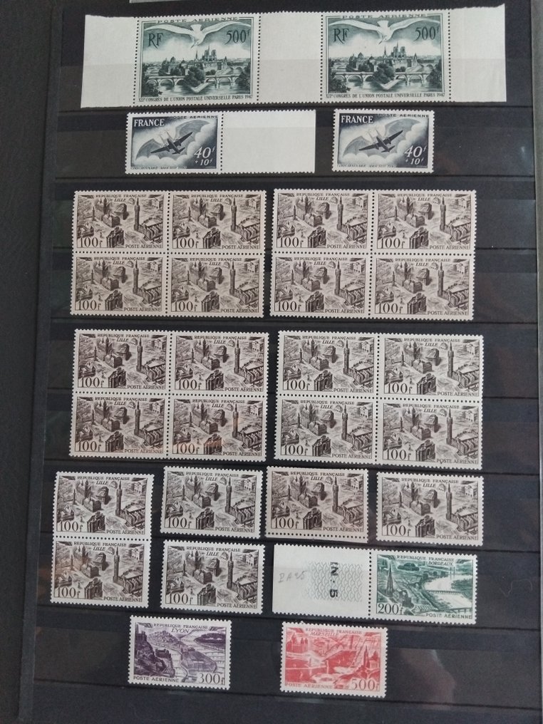 Frankrike 1936/1957 - Lot Poste Aérienne som Union Postale, Utsikt over store byer og Paris fra 1949-50, prototyper - Yvert entre n°8 et le n°37 (dont n°29) Luxe MNH** + Bandes, blocs de 4 // Forte Cote #2.1