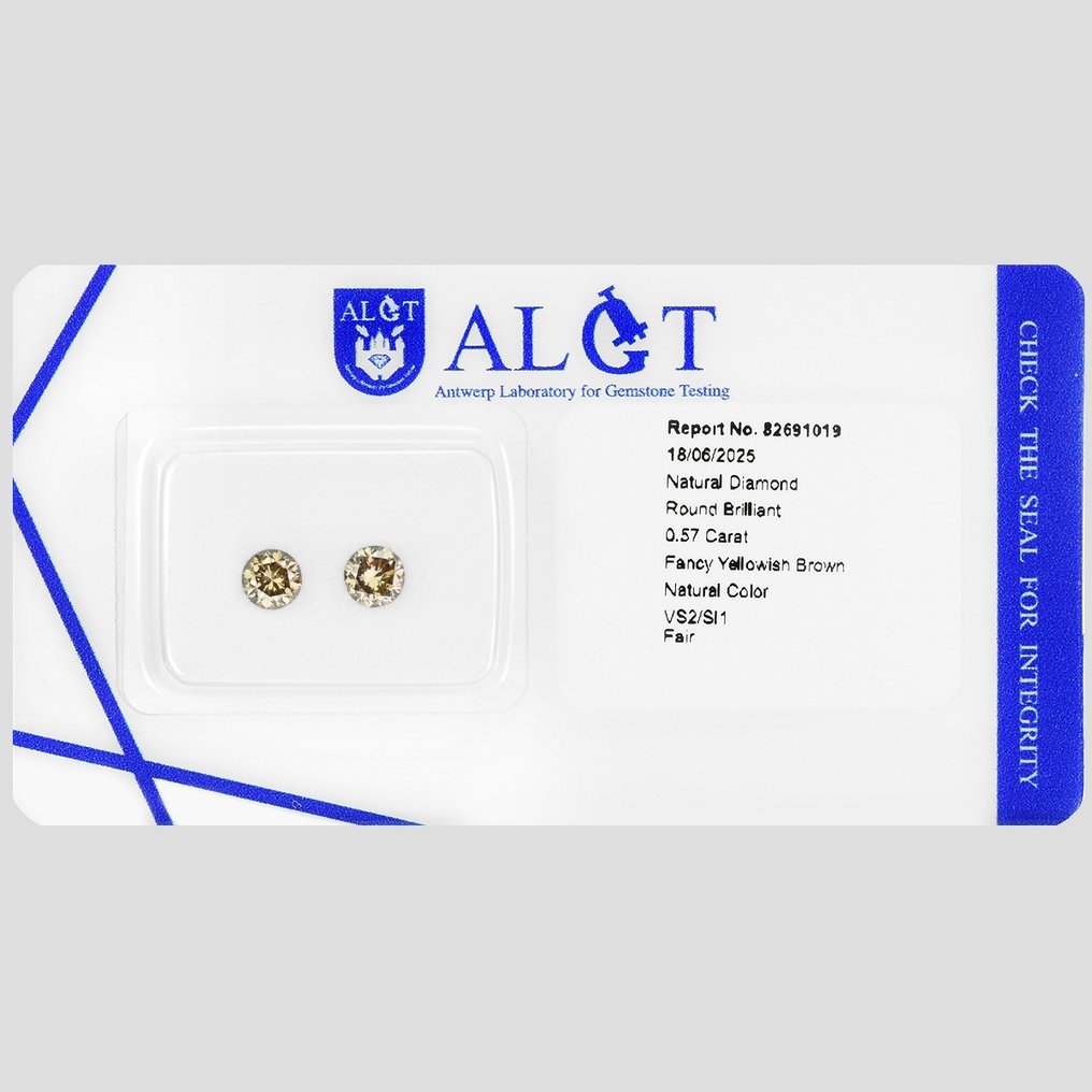 没有保留价 - 2 pcs 钻石  (天然色彩的)  - 0.57 ct - 圆形 - Fancy 稍帶黄色的 棕色 - SI1 微内含一级, VS2 轻微内含二级 - 安特卫普宝石检测实验室（ALGT） #4.3