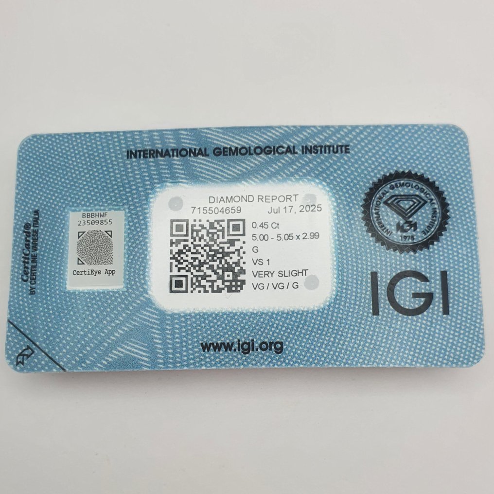 1 pcs Διαμάντι (Φυσικό) - 0.45 ct - Στρογγυλό - G - VS1 - International Gemological Institute (IGI) #2.1