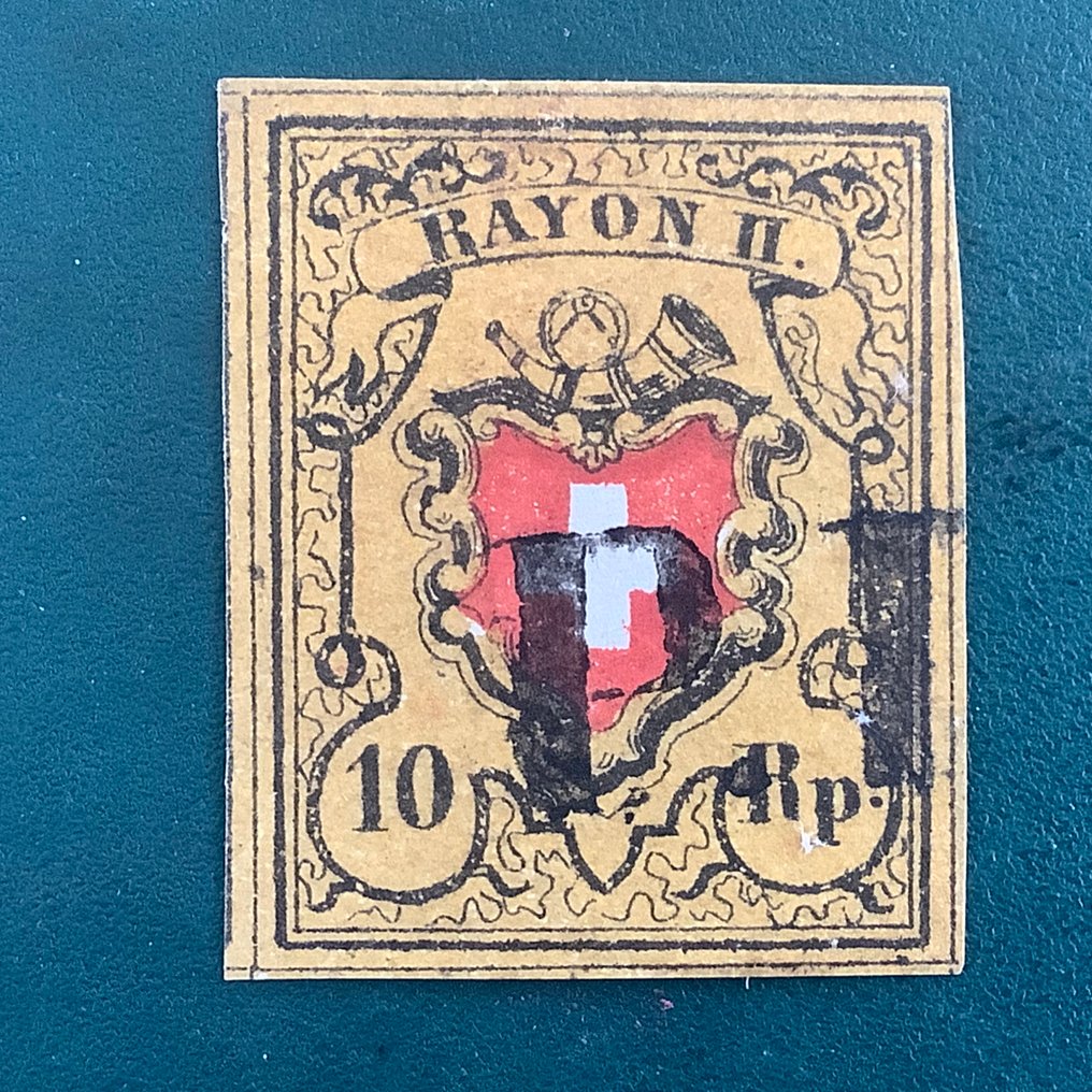 Sveitsi 1850 - Rayon II syvässä tummanoranssävyisessä tabak-värissä, allekirjoittanut Van der Weid ja sertifikaatti - Zumstein 16IIa , Type 3 , Stein A1-U #4.3