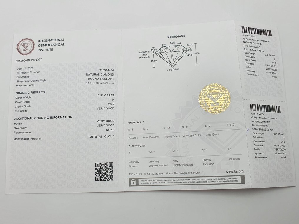 1 pcs 钻石  (天然)  - 0.81 ct - 圆形 - H - VS2 轻微内含二级 - 国际宝石研究院（IGI） #3.2