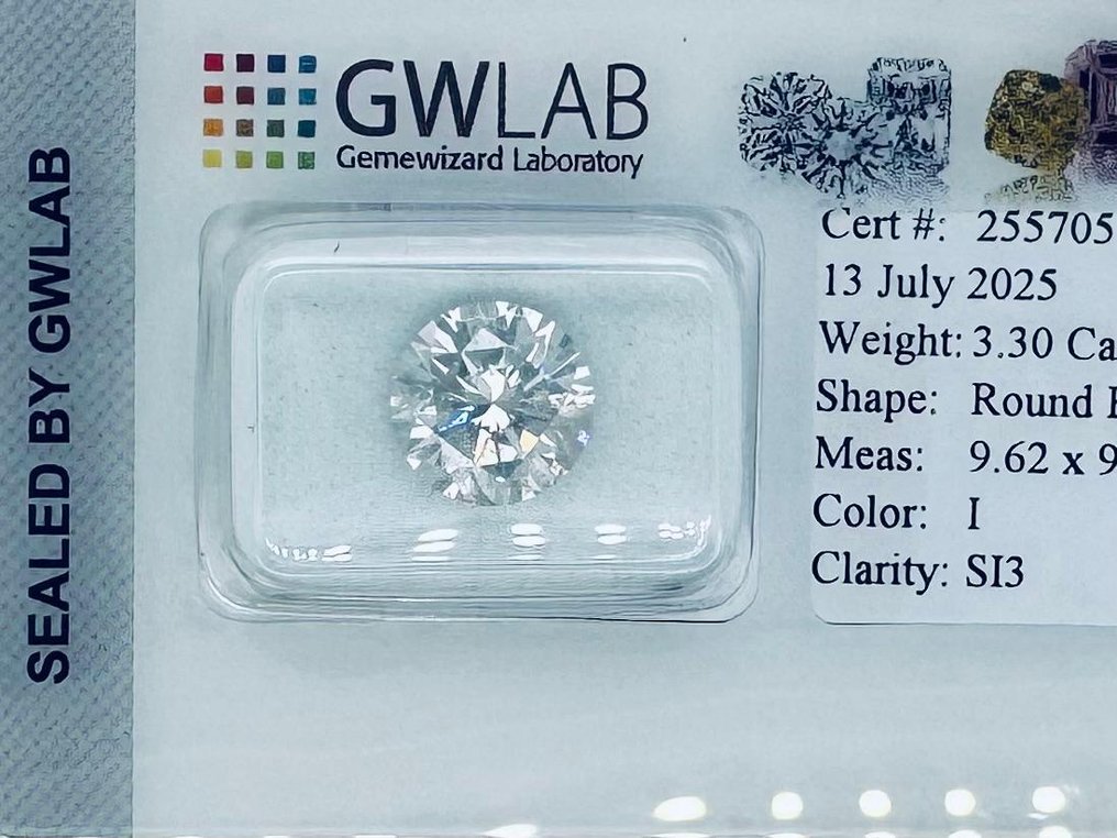 1 pcs 钻石 (天然) - 3.30 ct - 圆形 - I - SI2 微内三含级 - Gemewizard宝石实验室(GWLab) #1.0