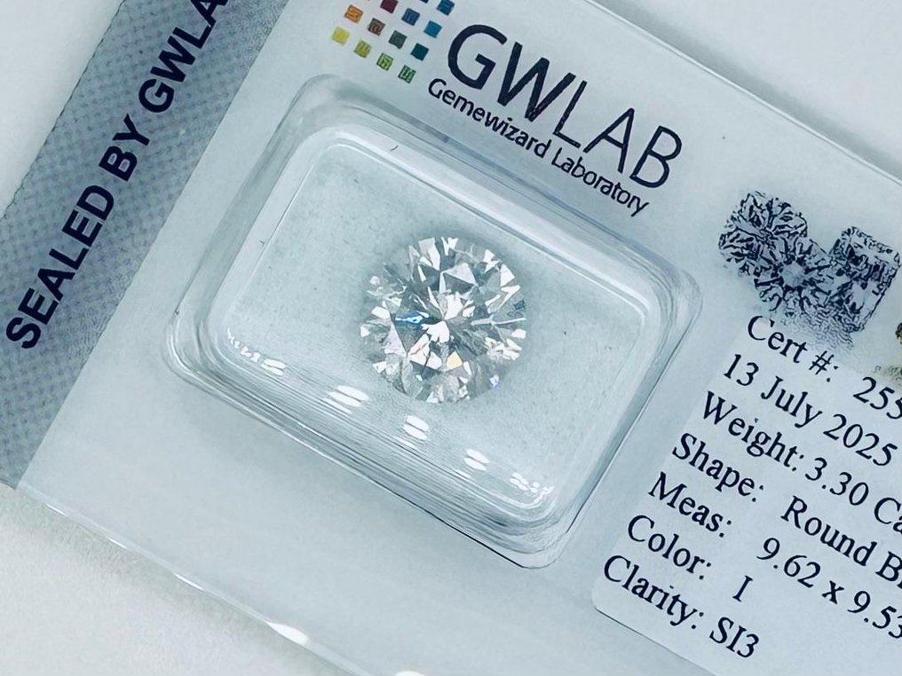 1 pcs 钻石 (天然) - 3.30 ct - 圆形 - I - SI2 微内三含级 - Gemewizard宝石实验室(GWLab) #1.0