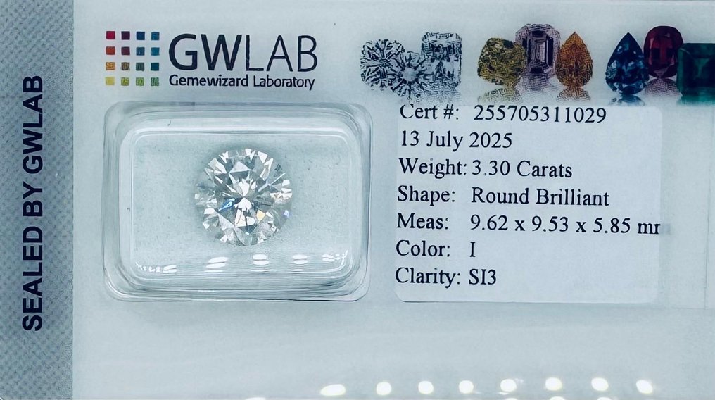 1 pcs 钻石 (天然) - 3.30 ct - 圆形 - I - SI2 微内三含级 - Gemewizard宝石实验室(GWLab) #2.1