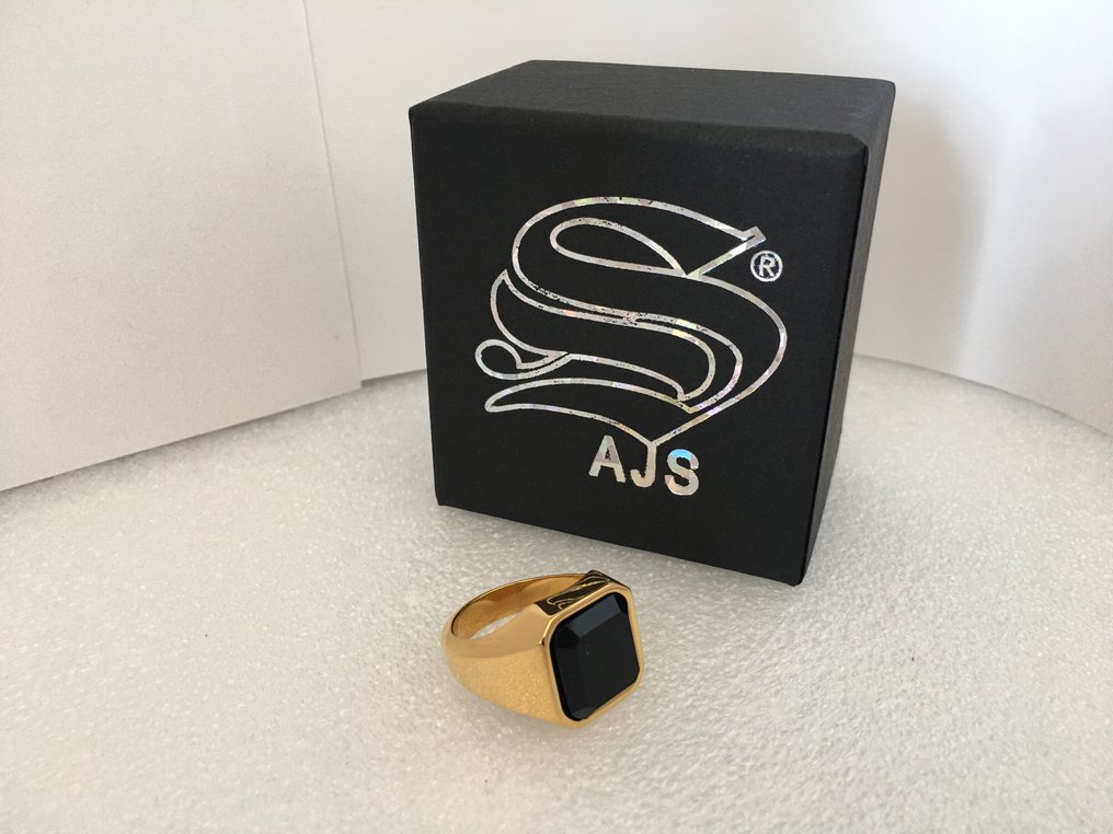AJS - Ανδρικό μαύρο επίπεδο κρύσταλλο μοντέρνα συλλογή σήμαντρο δαχτυλίδι - επιχρυσωμένο με 24 - Δαχτυλίδι #1.0