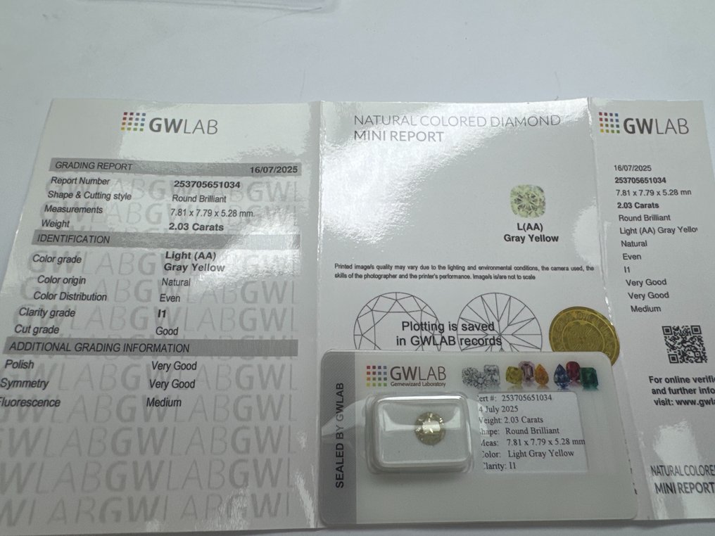 1 pcs 鑽石  (天然彩色)  - 2.03 ct - 圓形 - Light 灰色 黃色 - I1 - Gemewizard Gemological Laboratory (GWLab) #3.2