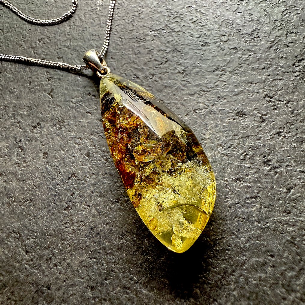 银色项链与吊坠，配有天然波罗的海琥珀 - 琥珀 - succinite #1.0