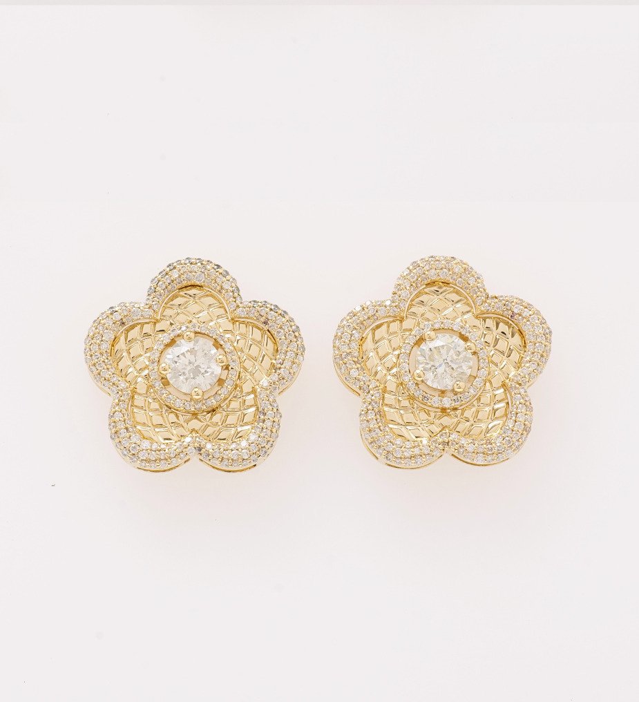 Βραδινά σκουλαρίκια - 14 καράτια Κίτρινο χρυσό -  2.69ct. tw. Διαμάντι (Φυσικό) - Διαμάντι - Λουλούδι Μόνος Σκουλαρίκια #1.0
