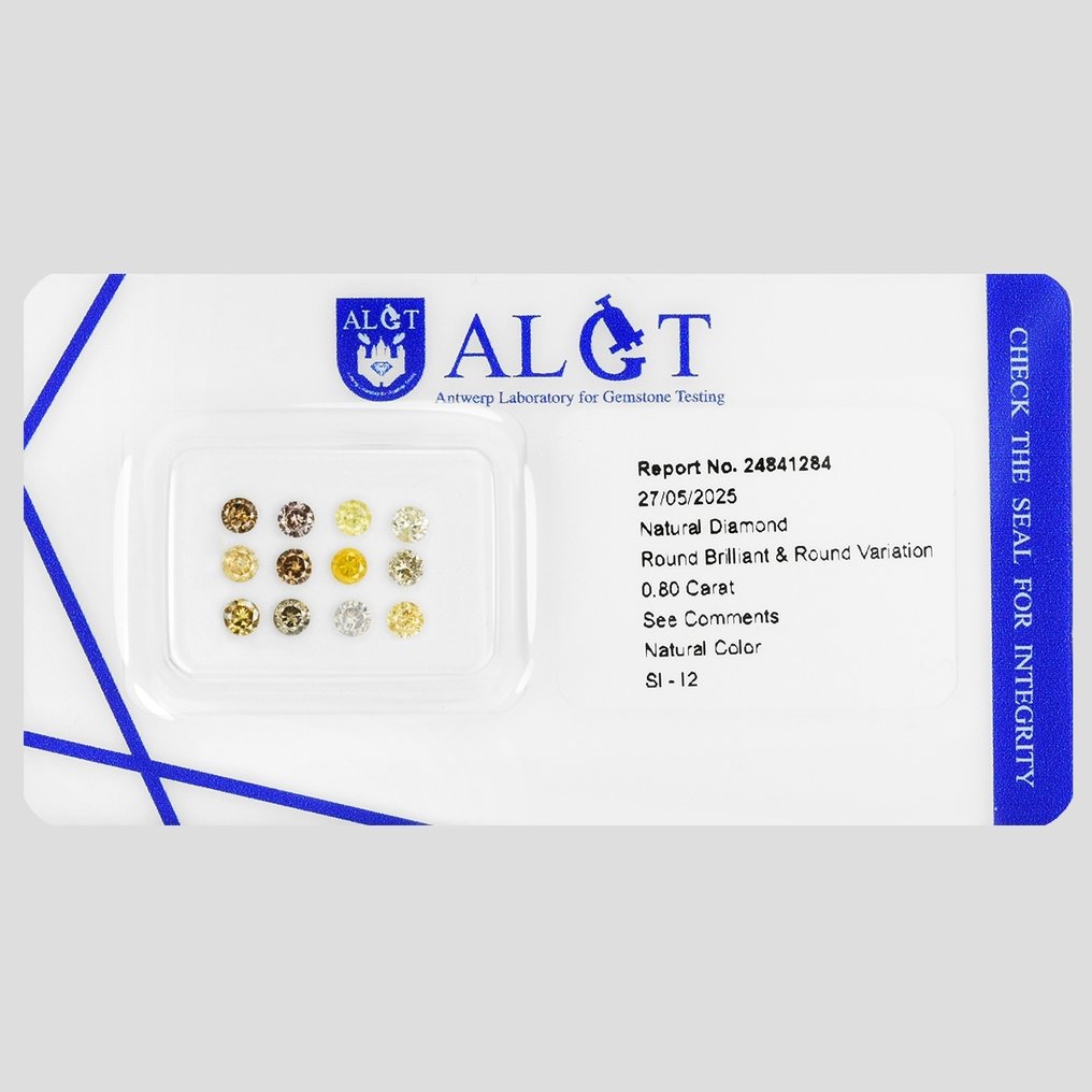 Ei pohjahintaa - 12 pcs Timantti  (Luonnonvärinen)  - 0.80 ct - Pyöreä - Fancy deep, Light Oranssihtava, Rusehtava, Harmahtava, Vaaleanpunertava Keltainen, Oranssi, Ruskea, Harmaa, Vaaleanpunainen - I2, SI1 - Antwerpenin jalokivitestauksen laboratorio (ALGT) #2.1
