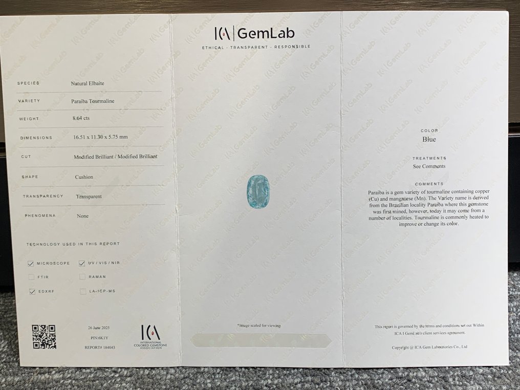 1 pcs  蓝色 帕拉伊巴碧玺  - 8.64 ct - 国际有色宝石协会（ICA GemLab） - 帕拉伊巴电气石 #2.1