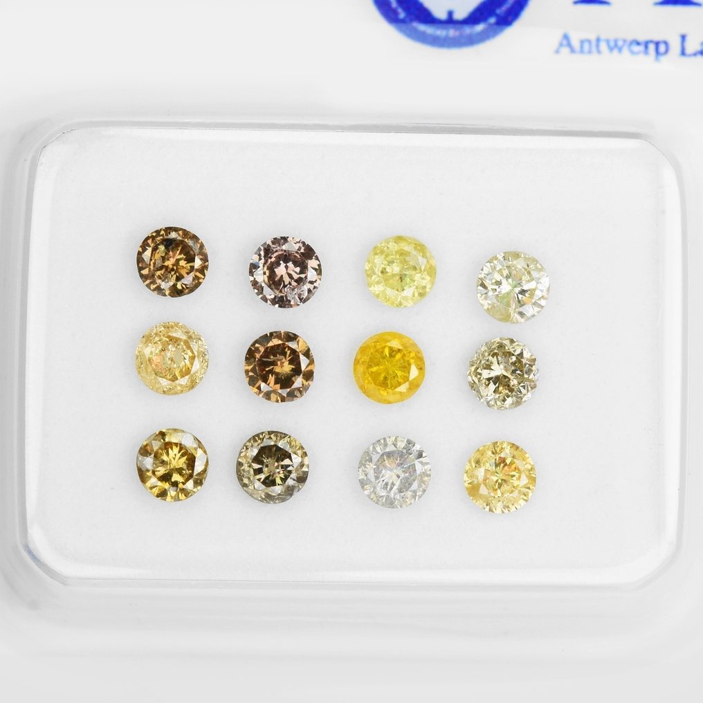 Ei pohjahintaa - 12 pcs Timantti  (Luonnonvärinen)  - 0.80 ct - Pyöreä - Fancy deep, Light Oranssihtava, Rusehtava, Harmahtava, Vaaleanpunertava Keltainen, Oranssi, Ruskea, Harmaa, Vaaleanpunainen - I2, SI1 - Antwerpenin jalokivitestauksen laboratorio (ALGT) #1.0
