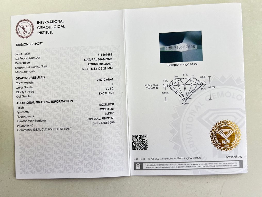 1 pcs 钻石  (天然)  - 0.57 ct - 圆形 - E - VVS2 极轻微内含二级 - 国际宝石研究院（IGI） #3.2