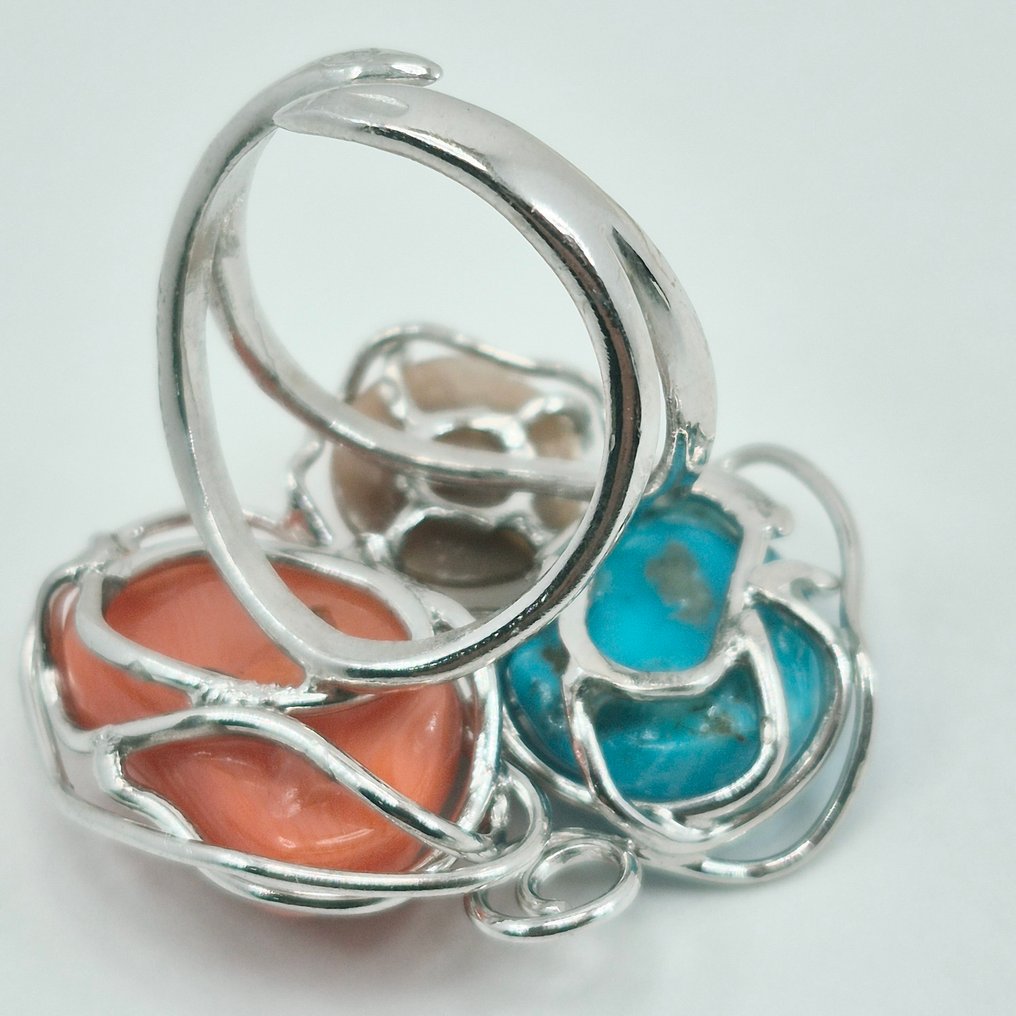 血珊瑚 - 银 - 戒指 - 珊瑚与绿松石 #4.3