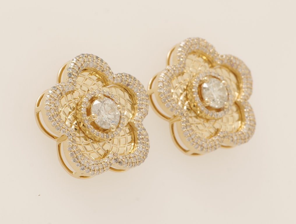 Βραδινά σκουλαρίκια - 14 καράτια Κίτρινο χρυσό -  2.69ct. tw. Διαμάντι (Φυσικό) - Διαμάντι - Λουλούδι Μόνος Σκουλαρίκια #1.0
