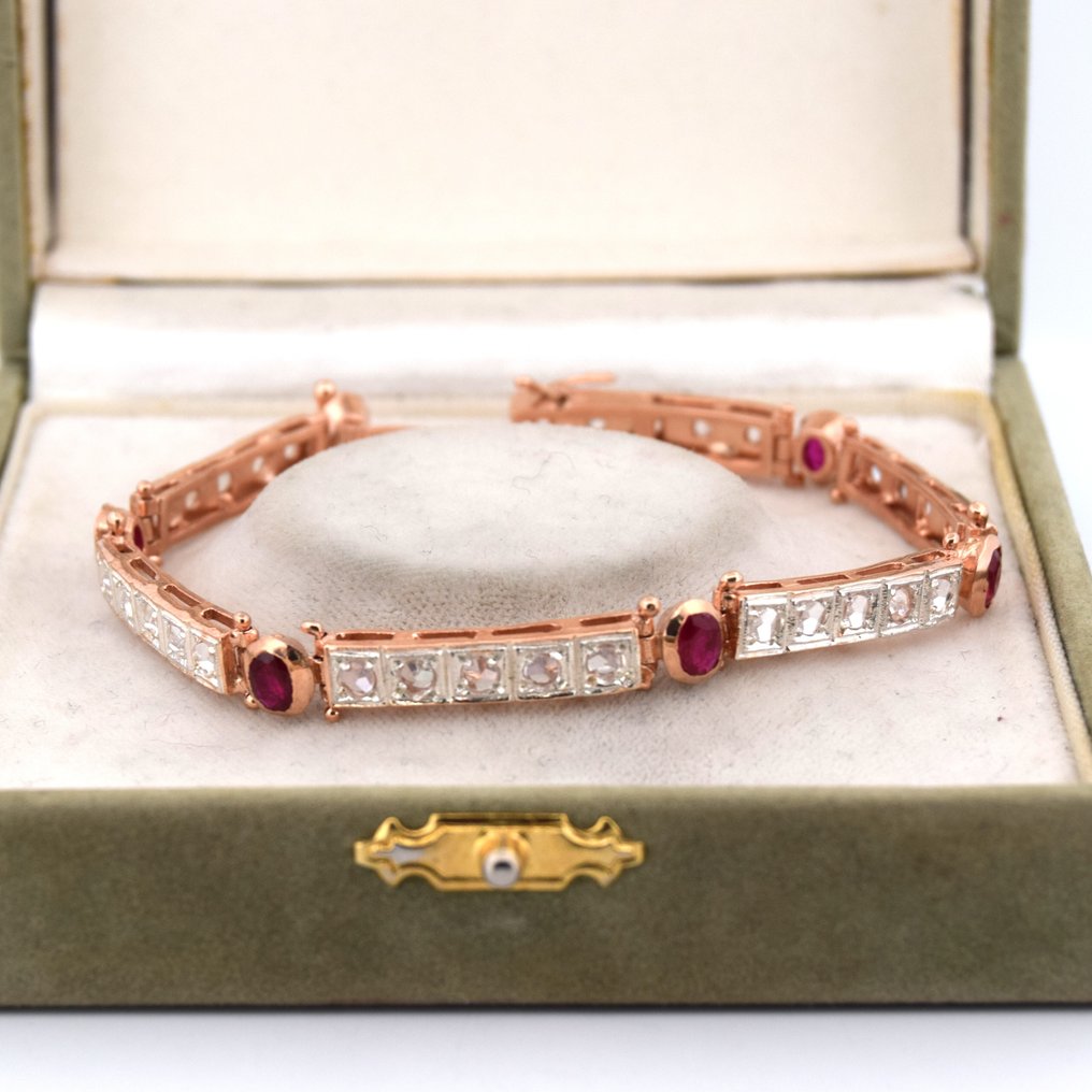 χωρίς τιμή ασφαλείας - Βραχιόλι - 9 kt. Ροζ χρυσό - 5.10ct. tw. Ρουμπίνι - Διαμάντι - ART DEC0' #1.0