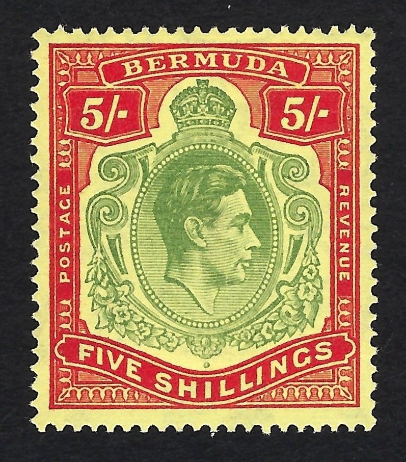 百慕大 1938 - 乔治六世国王的5美分硬币,青铜色和胭脂红在黄色底上。 - Stanley Gibbons Nº 118c #1.0