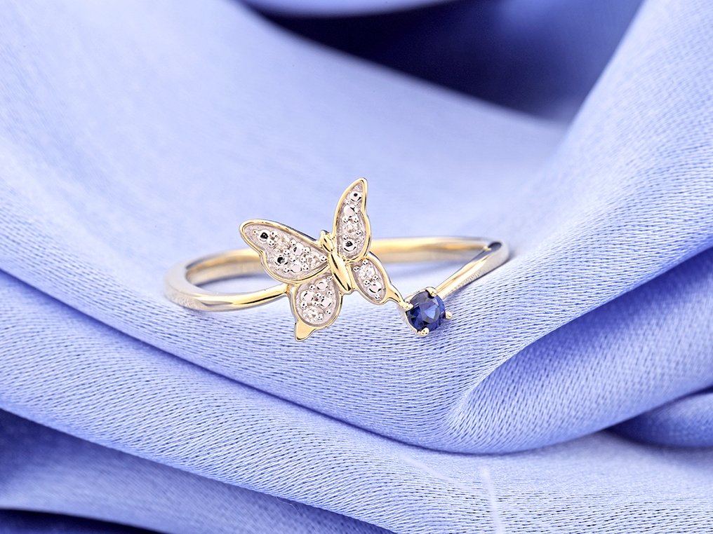 χωρίς τιμή ασφαλείας - Δαχτυλίδι - 14 καράτια Κίτρινο χρυσό -  0.10ct. tw. Ζαφείρι - Διαμάντι #3.2