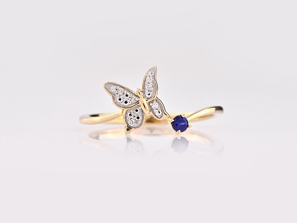 χωρίς τιμή ασφαλείας - Δαχτυλίδι - 14 καράτια Κίτρινο χρυσό -  0.10ct. tw. Ζαφείρι - Διαμάντι #1.0