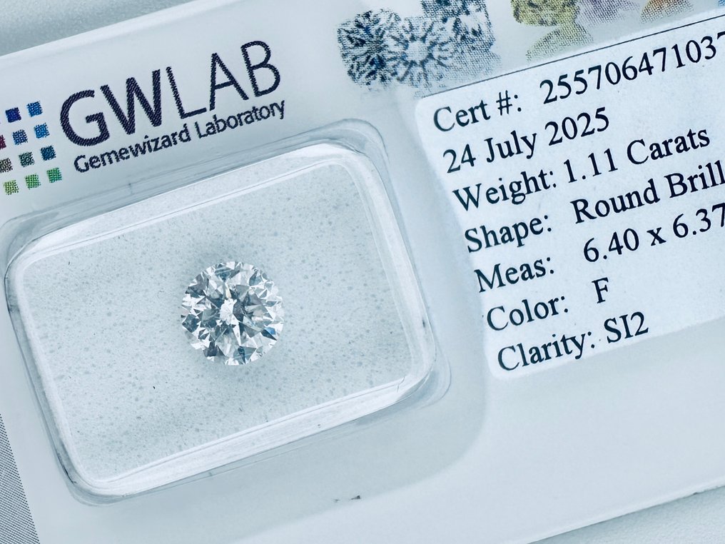 1 pcs Gyémánt  (Természetes)  - 1.11 ct - Kerek - F - SI2 - Gemewizard Gemmológiai Laboratórium (GWLab) - ( TERMÉSZETES - VG/EX/VG ) #2.1