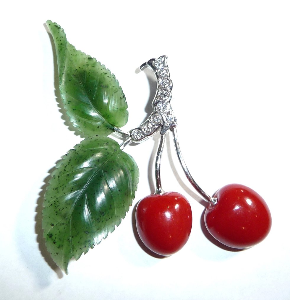 胸針 - 18 克拉 白金 - 0.45ct. tw. 鉆石 (天然) - 玉 - 珊瑚樱桃 #1.0