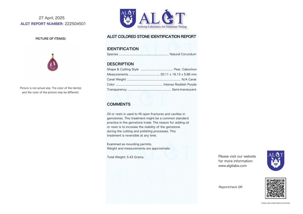 无保留 - ALGT 认证 - 独家天然红宝石吊坠 一种立即吸引目光的浓烈颜色- 5.43 g #2.1