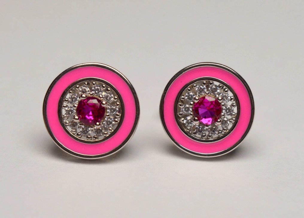 No reserve price - Earrings Silver Ruby - Diamond - 925 #1.0