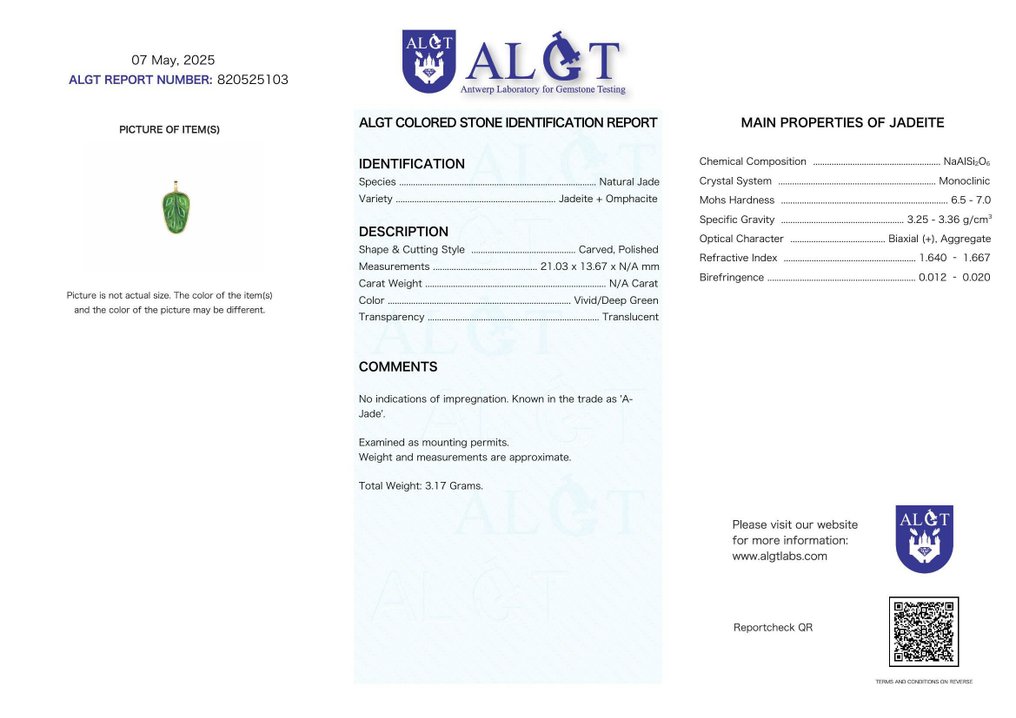 ALGT认证 - 高度专属的自然翡翠吊坠 由其清晰度定义的发现- 3.17 g #2.1