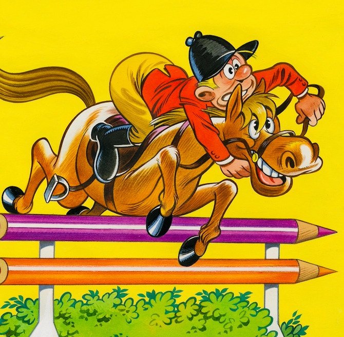 Carol Voges - Ruiter met springpaard over kleurpotloden - 1 Πρωτότυπο εξώφυλλο πίνακα (δεκαετία του 1980) #3.2