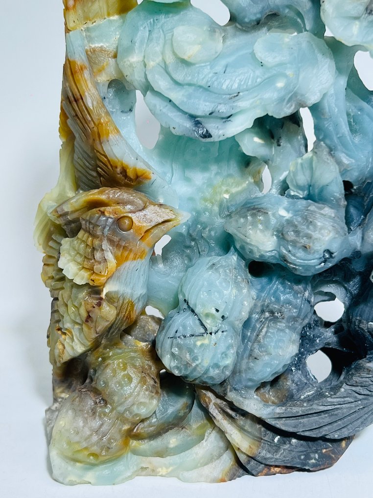 Scenario intagliato a mano in amazonite – Uccelli tra fiori e abbondanza - Altezza: 175 mm - Larghezza: 105 mm- 598 g - (1) #3.2