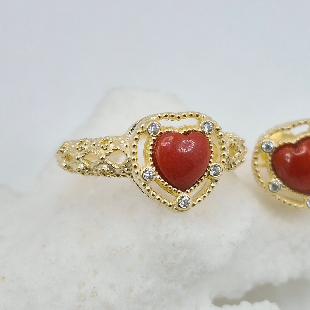 Κοράλλι αίματος - Ασημί, Gold-plated - Σετ κοσμημάτων 2 τεμαχίων - CORALLO MEDITERRANEO #1.0