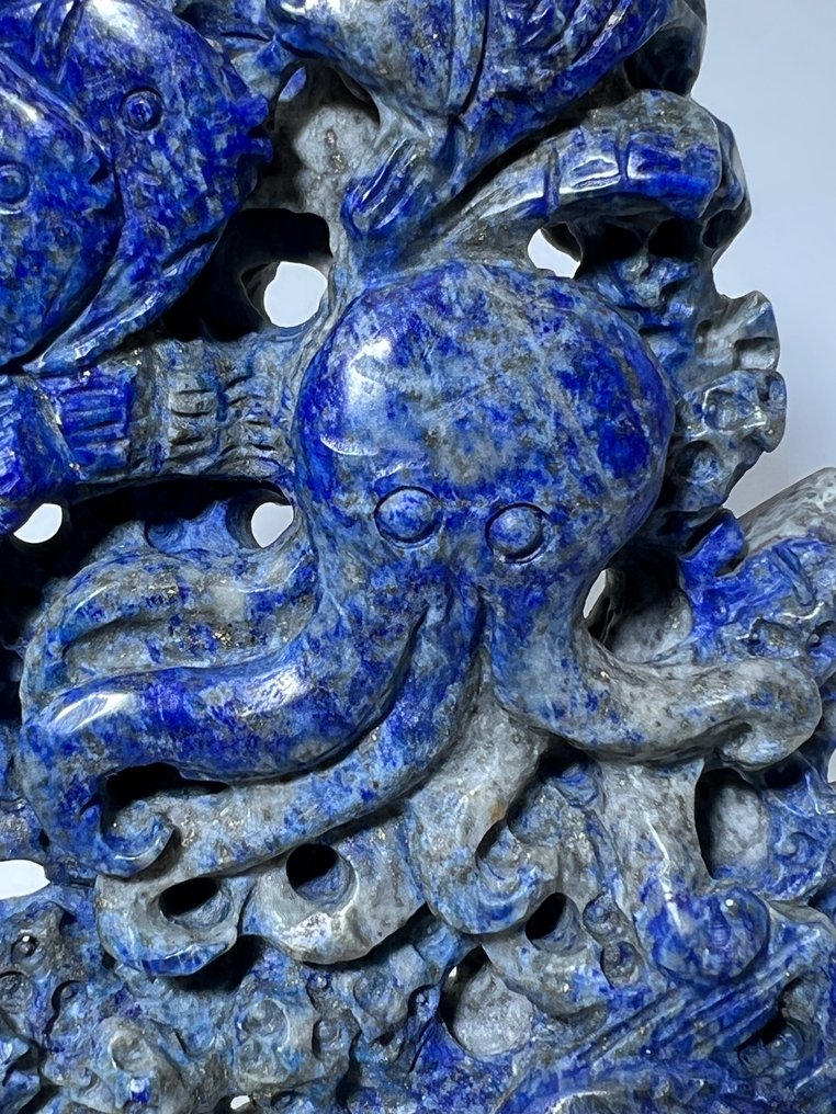 Lapis Lazuli Ocean Carving Octopus, Fish & Turtles - Height: 183 mm - Width: 133 mm- 984 g - (1) #4.3
