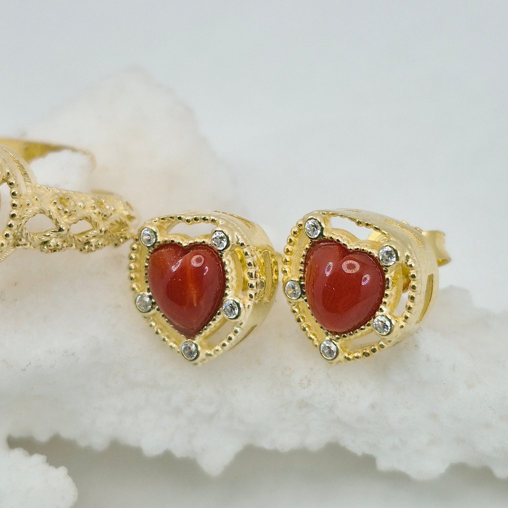 Κοράλλι αίματος - Ασημί, Gold-plated - Σετ κοσμημάτων 2 τεμαχίων - CORALLO MEDITERRANEO #3.2