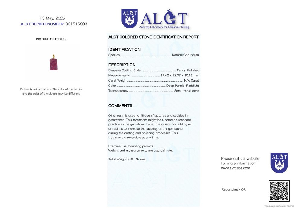 Sin reserva - Certificado ALGT - Colgante de rubí natural altamente exclusivo Un descubrimiento con un tono excepcionalmente vívido- 6.61 g #2.1