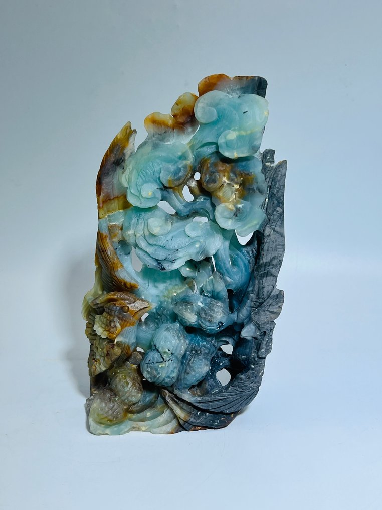 Scenario intagliato a mano in amazonite – Uccelli tra fiori e abbondanza - Altezza: 175 mm - Larghezza: 105 mm- 598 g - (1) #1.0