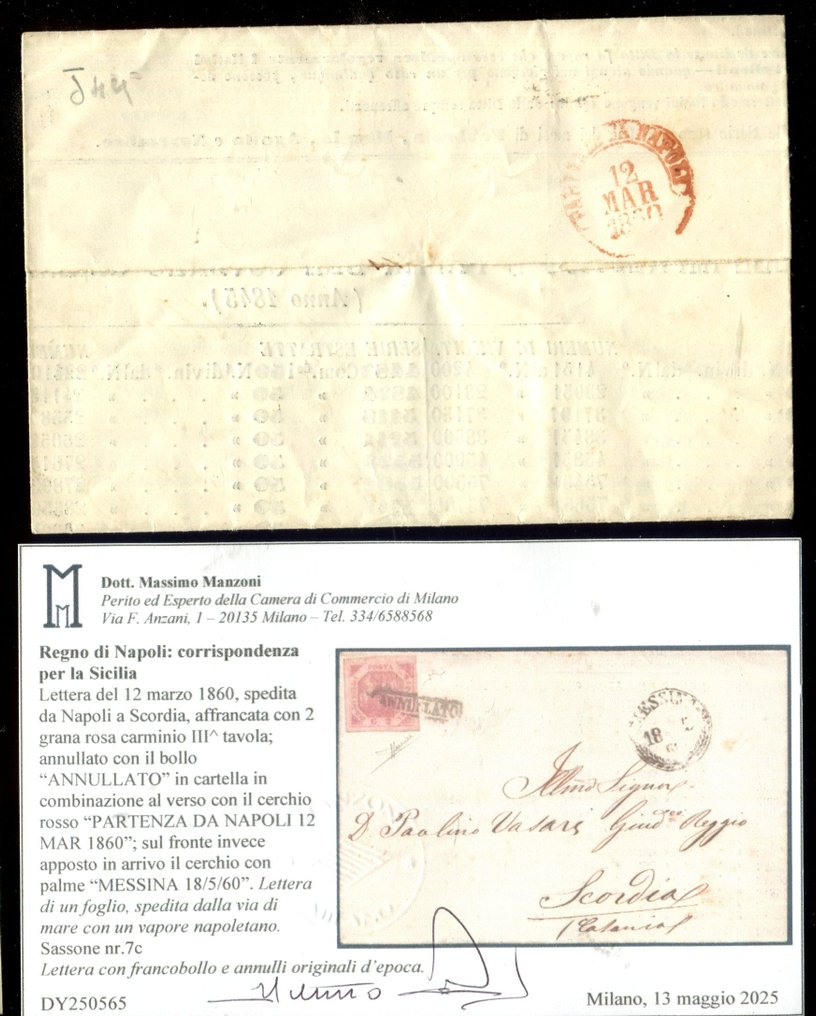 Ókori itáliai államok - Nápoly 1858 - „Via di Mare” belföldi díjak a Két Szicília Királyságában. - Sassone 7c. #2.1