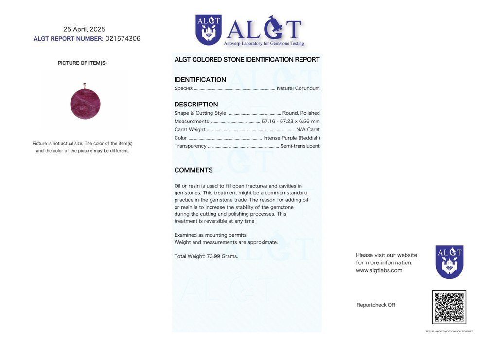 ALGT 认证 - 巨大而精巧的天然红宝石吊坠 - 以其鮮豔的色彩而聞名- 73.99 g #2.1