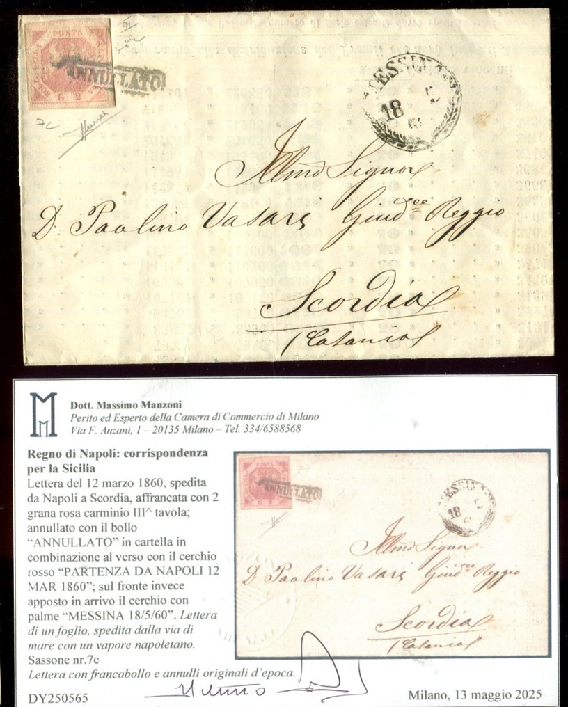 Ókori itáliai államok - Nápoly 1858 - „Via di Mare” belföldi díjak a Két Szicília Királyságában. - Sassone 7c. #1.0