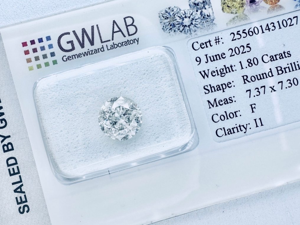 1 pcs 钻石  (天然)  - 1.80 ct - 圆形 - F - I1 内含一级 - Gemewizard宝石实验室（GWLab） - （自然） #1.0