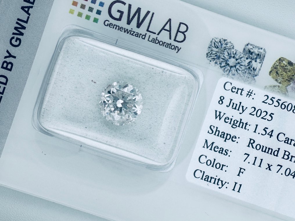 1 pcs 钻石 (天然) - 1.54 ct - 圆形 - F - I1 内含一级 - Gemewizard宝石实验室(GWLab) - 自然的 #1.0