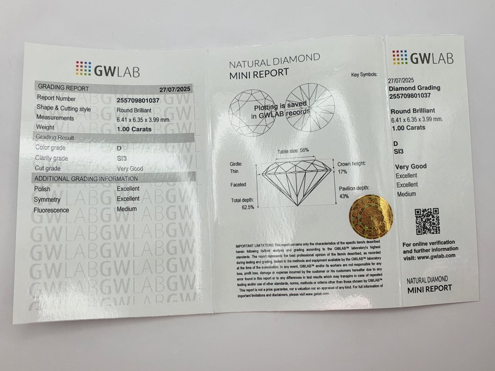 1 pcs Diamant (Natur) - 1.00 ct - Rund - D (farveløs) - SI3 - Gemewizard Gemological Laboratory (GWLab) #3.2