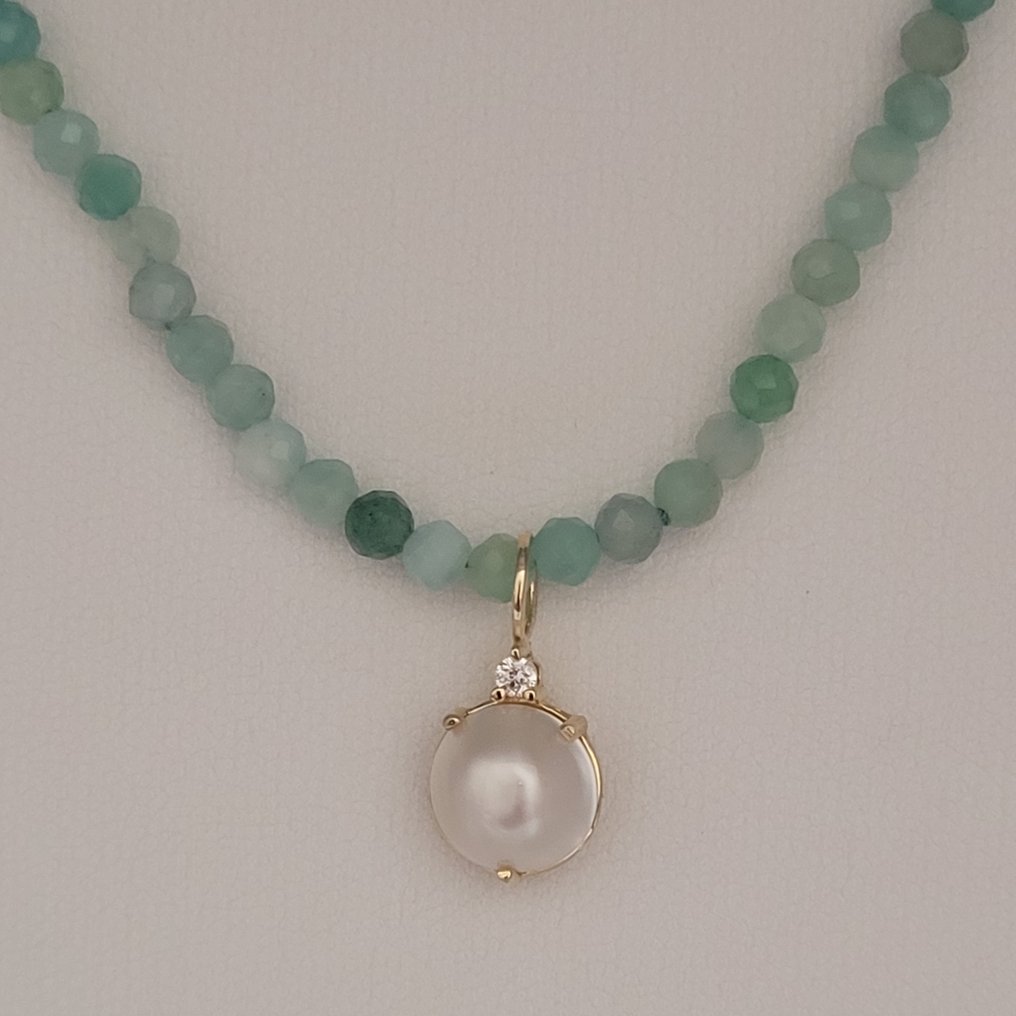 χωρίς τιμή ασφαλείας - Κολιέ - 18 καράτια Κίτρινο χρυσό Μαργαριτάρι - Διαμάντι - Σμαράγδια #1.0