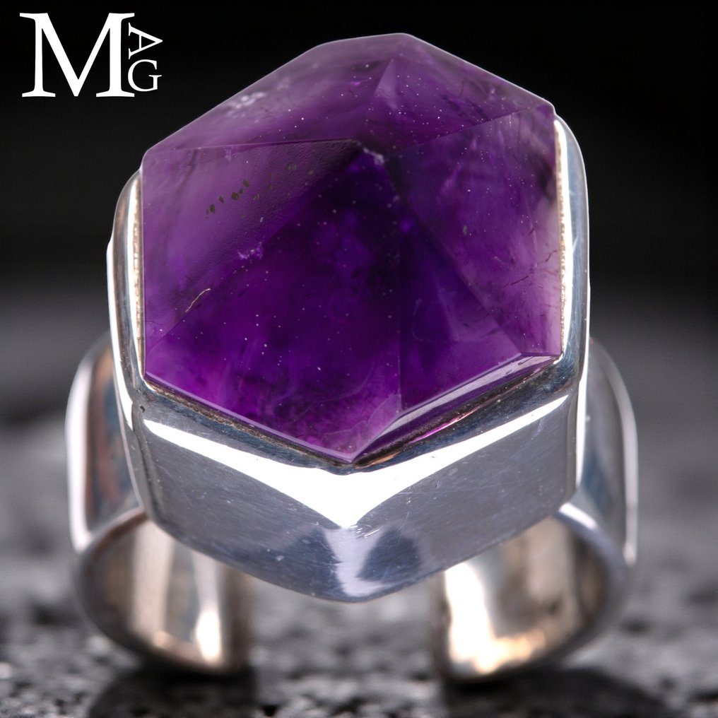 Bold - Geometric - Spirit 925 sterling silver ring with hexagonal Bolivian Amethyst - Height: 36.5 mm - Width: 20.5 mm- 14 g #1.0