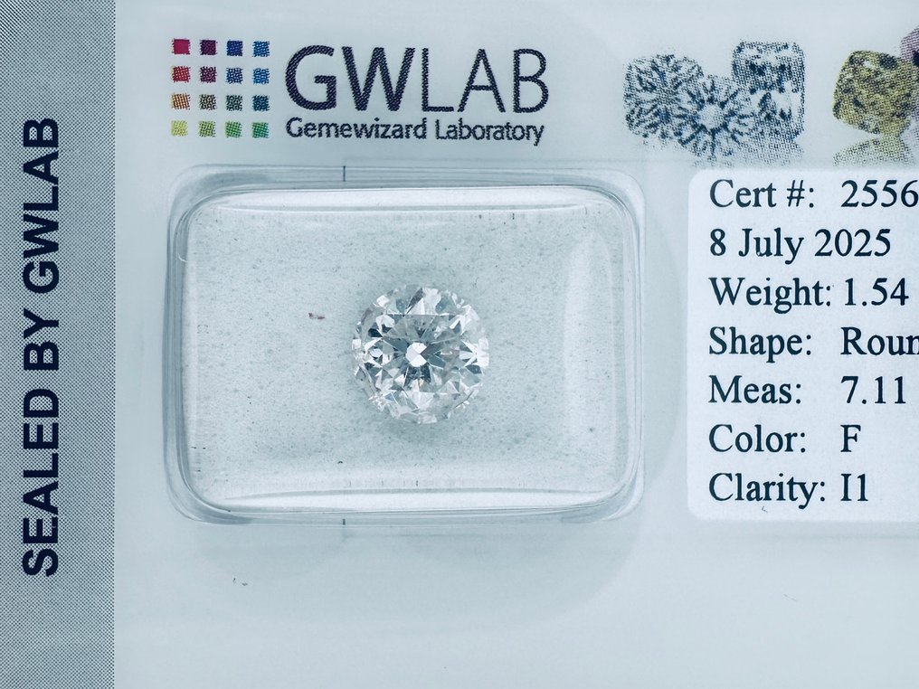 1 pcs 钻石 (天然) - 1.54 ct - 圆形 - F - I1 内含一级 - Gemewizard宝石实验室(GWLab) - 自然的 #1.0