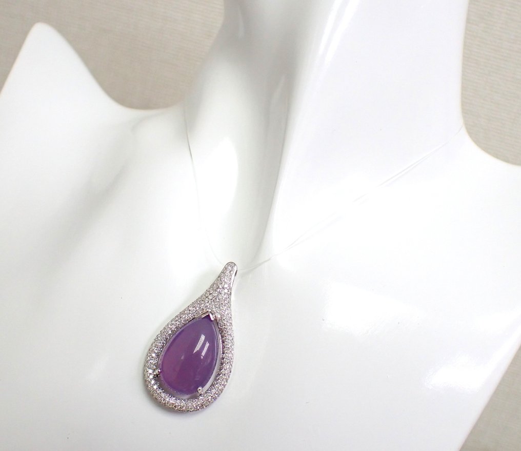 Pendentif - 18 carats Or blanc -  11.87ct. tw. Calcédoine - Diamant - Certificat IGI #4.3